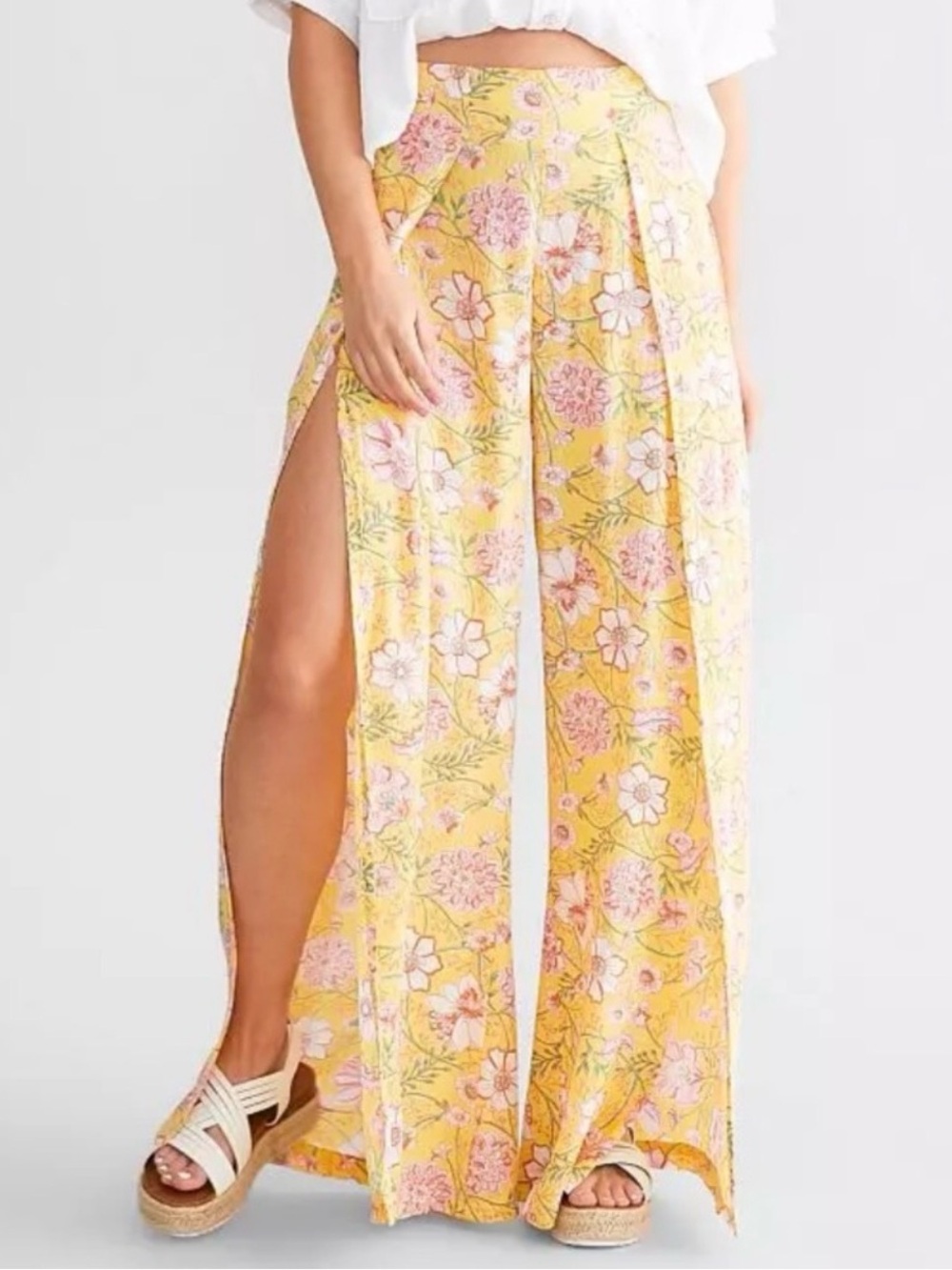 Billabong Yellow Floral Wide-Leg Split Pants